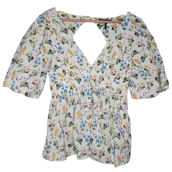 Marissa Webb Griffin Botanical Floral Cottagecore Puff Open Back Top Medium - Picture 1 of 11